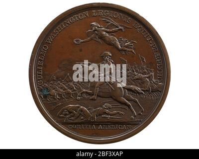 William Washington à la monnaie de la monnaie de Cowpen France 1789 Paris. Un (1) William Washington à la médaille Cowpen, (Comitia Americana)États-Unis (France), 1789 (1843)Obverse image: Washington est assis sur un cheval avec une épée dessinée, menant les troisième Dragoons de lumière continentale qui charge en arrière-plan contre la cavalerie britannique. Banque D'Images
