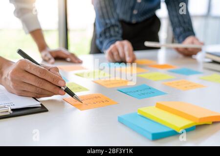 Les gens d'affaires organisant des notes collantes commentant et remue-méninges sur les priorités de travail collègue dans un espace de travail moderne Banque D'Images