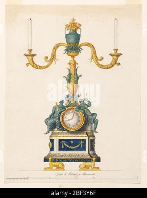 Design pour une bougie avec une horloge. Rectangle vertical. Design pour un chandelier avec horloge destiné à être exécuté en bronze doré et vert et en marbre blanc et coloré. Deux chiens dorés en bas soutiennent une base ovale. Banque D'Images