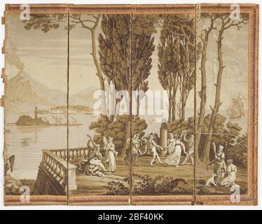 Baie de Naples de la Vues dItalie. Le papier panoramique est monté sur un écran pliable à huit panneaux. Imprimé en grisaille. Banque D'Images