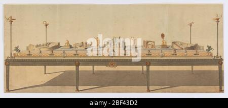 Surtout de Table pièce maîtresse du Temple d'Isis à Pompéi. Dessin d'une table ou d'un déleur (pièce maîtresse de la table) dont le thème est les ruines de Pompéi. Les jambes de la table sont droites avec des flettage et un masque de lion doré. Les côtés des tables sont décorés de rangées de moulures, le dessus étant des œufs et des dart. Banque D'Images