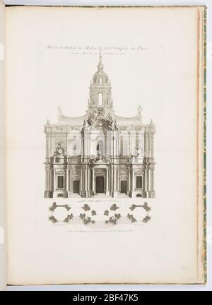 Projet du Portail de l'Église Saint-Sulpice de Paris plate 105 en oeuvres de JusteAurle Meissonnier œuvres de JusteAuronnier Meissonnier œuvres de JusteAuronnier. La façade montre trois portes et plusieurs fenêtres, deux horloges et surmontées d'une tour, toutes décorées avec des lignes rococo courbées. Section inférieure, plan de bâtiment. Banque D'Images