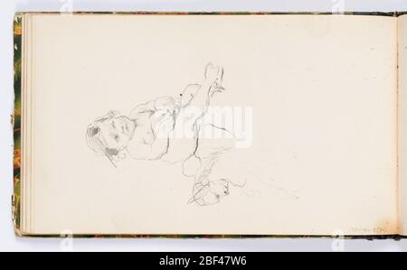 Page de croquis bébé assis. Croquis d'un bébé assis avec un œil ouvert, jambes vers la droite. Face supplémentaire vue dans le profil ci-dessous, peut-être une sculpture sur le siège. Banque D'Images