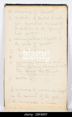 Page de croquis la Division des prêtres. Recto: Notes sur la division des prêtres, et les divisions des femmes employées au service des dieux.Verso: Note sur les anciens dieux égyptiens dans les triades. Deux croquis de prêtres égyptiens avec des têtes de chauve, face à gauche, un dans une peau de léopard. Banque D'Images