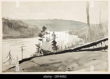 Rivière ou lac de montagne. Recto: Vue sur une colline en pente avec une figure masculine, vue de derrière, assis sur deux troncs de pins tombés et également encadré par deux pins vivants en premier plan, avant une vista rempli d'une rivière de montagne (ou lac) entourée de collines couvertes de t brûlé Banque D'Images