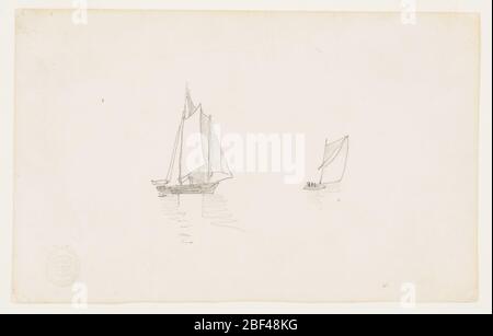 Schooner Twomased. Vue horizontale d'une goélette à deux mâts sur la gauche, avec un petit voilier sur la droite. Banque D'Images