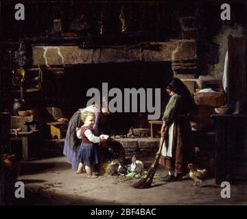 Ferme intérieur breton enfants nourrir des lapins. Au XIXe siècle, des artistes de New York et de Paris ont souvent fait des voyages de peinture en Bretagne, sur la côte nord-ouest de la France. William Henry Lippincott a peint cet intérieur trois ans après un été passé dans les villages bretons. Banque D'Images