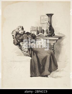 Fille dans un fauteuil en osier. Une femme, vêtue de vêtements des années 1890, s'inclinera dans une chaise en osier, une table avec la vie toujours derrière elle. Une autre table avec une théière et une tasse est légèrement esquissée en graphite, en bas à gauche. Banque D'Images