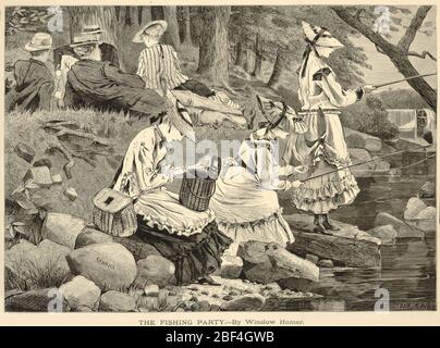 The Fishing Party from Appletons Journal of Literature Science and Art 2 octobre 1869 supplément. À gauche, en haut, trois hommes et une femme s'inclinent sur le dos herbacé, avec des arbres en arrière-plan. Ruisseau à droite, qui coule au-dessus du barrage de moulin en arrière-plan, au-dessus des rochers en premier plan où trois jeunes femmes pêchent. Banque D'Images