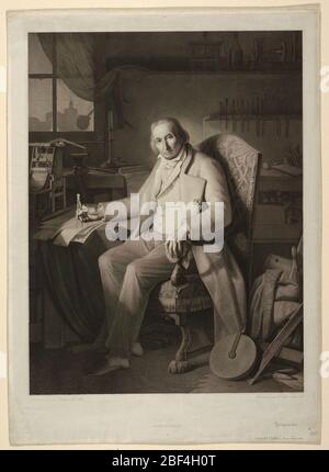 Portrait de Joseph Marie Jacquard 17521834. Intérieur, avec un homme assis dans un fauteuil, son corps s'est tourné vers la gauche, regardant le spectateur. Modèle de métier à tisser à gauche. Banque D'Images