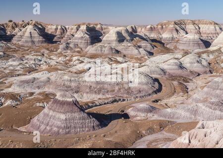 En regardant vers le bas sur la piste Blue Mesa dans le parc national de la forêt pétrifiée. Banque D'Images