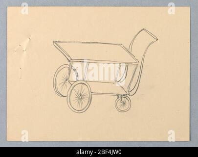 Conception de la table de service mobile avec deux plateaux. Table de service de type chariot sur roues dans une vue de trois quarts ; deux plateaux empilés ; poignées fixées à l'arrière du plateau supérieur ; le plateau inférieur est équipé de deux roues de bicyclettes fixées à l'avant et de deux petites roues fixées à l'arrière ; poignée de direction en forme DE long fixée à Banque D'Images