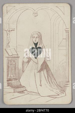 ACE des pique. Une des cartes de jeu Spades d'un pack de cartes de jeu de transformation. Figure féminine illustrée dans le contour d'une église intérieure, portant l'habitude d'un nun avec un rosaire pendant de sa taille. Banque D'Images