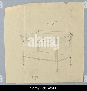 Conception pour table de service latérale avec deux tiroirs et étagère inférieure. Surface rectangulaire et unité à deux tiroirs en haut avec splash arrière reposant sur quatre pieds à bande droite. Cette unité de service possède une étagère inférieure. Banque D'Images