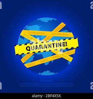 Coller le globe avec du ruban jaune avec l'inscription QUARANTAINE sur un fond bleu concept de pandémie sur la planète due au coronavirus Illustration de Vecteur