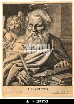 St Matthew SMathevs. Saint Matthew est présenté dans une vue de trois quarts assis à un bureau écrivant son évangile. Dans sa main droite, il tient un creux et sa main gauche repose sur un livre ouvert. Il est accompagné de son attribut, un jeune ange qui apparaît à gauche, juste derrière l'épaule de Saint. Banque D'Images