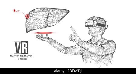 Bannière vectorielle de casque filaire VR. Homme polygonal portant des lunettes de réalité virtuelle, avec holographie du foie. Science, diagnostics, analyse virtuelle Illustration de Vecteur