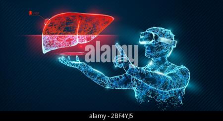 Bannière vectorielle de casque filaire VR. Homme polygonal portant des lunettes de réalité virtuelle, avec holographie du foie. Science, diagnostics, analyse virtuelle Illustration de Vecteur