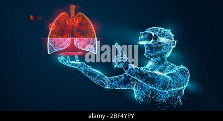 Bannière vectorielle de casque filaire VR. Homme polygonal portant des lunettes de réalité virtuelle, avec holographie des poumons. Science, diagnostics, analyse virtuelle Illustration de Vecteur
