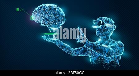 Bannière vectorielle de casque filaire VR. Homme polygonal portant des lunettes de réalité virtuelle, avec holographie du cerveau. Science, diagnostics, analyse virtuelle Illustration de Vecteur