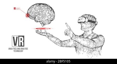 Bannière vectorielle de casque filaire VR. Homme polygonal portant des lunettes de réalité virtuelle, avec holographie du cerveau. Science, diagnostics, analyse virtuelle Illustration de Vecteur