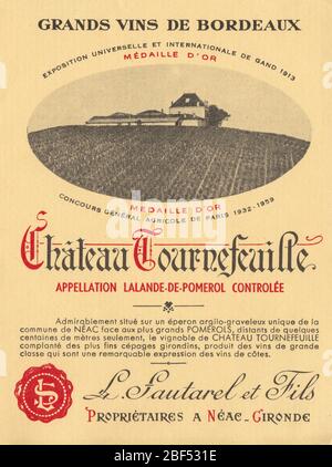 Label de vin ancien non utilisé d'un château de Tournefeuille, Lalande de Pomerol, France Banque D'Images