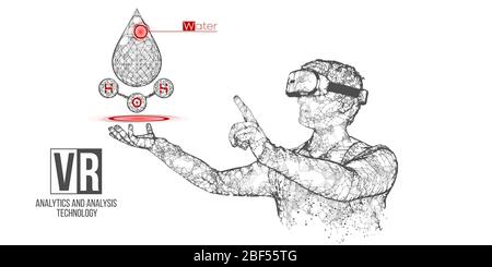 Bannière vectorielle de casque filaire VR. Homme polygonal portant des lunettes de réalité virtuelle, avec holographie de l'eau. Science, diagnostics, analyse virtuelle Illustration de Vecteur