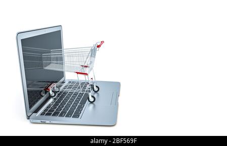 concept d'achat en ligne, le panier entre dans un écran portable, un arrière-plan blanc tridimensionnel. personne n'est en format horizontal. Banque D'Images