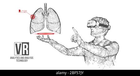 Bannière vectorielle de casque filaire VR. Homme polygonal portant des lunettes de réalité virtuelle, avec holographie des poumons. Science, diagnostics, analyse virtuelle Illustration de Vecteur