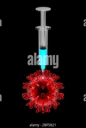 Concept de vaccin Covid-19 / illustration tridimensionnelle d'une grande seringue médicale injectant une cellule rouge de coronavirus isolée sur fond noir Banque D'Images