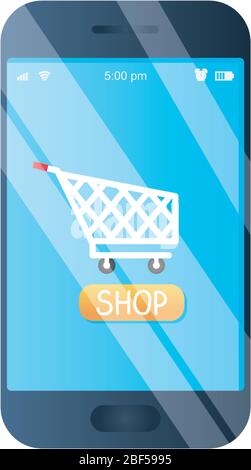 concept d'achat en ligne, smartphone avec panier à l'écran sur fond blanc, style détaillé, illustration vectorielle Illustration de Vecteur
