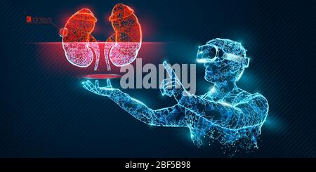 Bannière vectorielle de casque filaire VR. Homme polygonal portant des lunettes de réalité virtuelle, avec holographie des reins. Science, diagnostics, analyse virtuelle Illustration de Vecteur