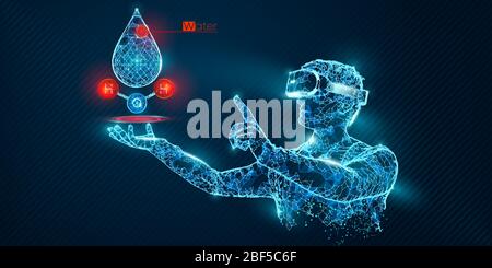 Bannière vectorielle de casque filaire VR. Homme polygonal portant des lunettes de réalité virtuelle, avec holographie de l'eau. Science, diagnostics, analyse virtuelle Illustration de Vecteur