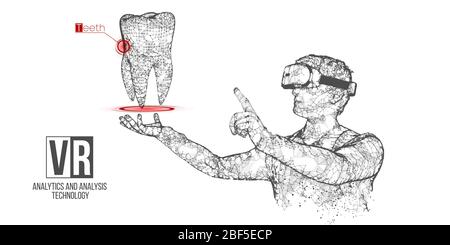 Bannière vectorielle de casque filaire VR. Homme polygonal portant des lunettes de réalité virtuelle, avec holographie de dent. Science, diagnostics, analyse virtuelle Illustration de Vecteur