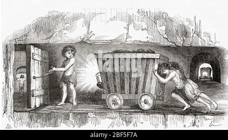 TRAVAIL DES ENFANTS dans une mine de charbon anglaise. Publié dans le Magasin Pittoresque français en 1843. Le Trapper ouvre une porte pour permettre aux propulseurs de pousser le wagon à charbon à travers. Banque D'Images