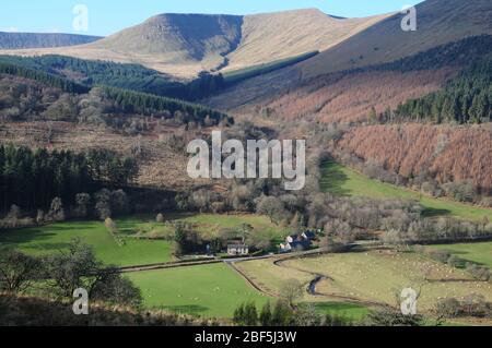 En regardant vers le nord-ouest en traversant Glyn Collwn depuis le sentier Taff, près du réservoir de Talybont. Le MCG de Gwalciau'r se dresse derrière Abercynafon, au fond de la vallée. Banque D'Images