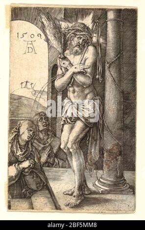 Homme de Sorrows. Christ est sur une plate-forme, devant une colonne. Ses bras sont croisés, tenant d'une part un fléau, dans l'autre un fouet. En dessous, à gauche, la Vierge et Saint Jean sont vus, demi-longueur, les mains jointes, dans l'adoration. La colline de Golgotha en distance, à gauche. Banque D'Images