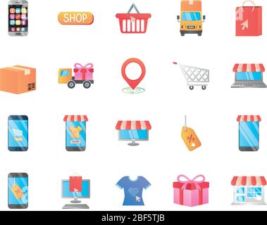 Téléphones mobiles et icône en ligne de shopping sur fond blanc, style détaillé, illustration vectorielle Illustration de Vecteur