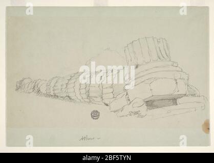 Colonne tombée du Temple de Zeus Olympian Athènes. Les tambours d'une colonne corinthienne déchue, la partie inférieure se trouve obliquement. Une colline est affichée en arrière-plan. Banque D'Images
