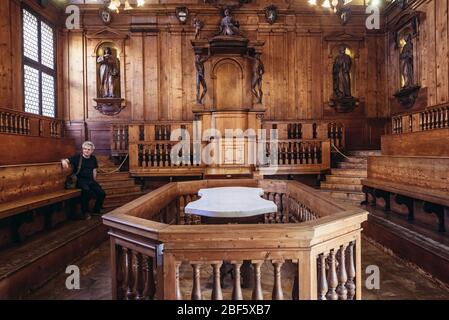 Théâtre anatomique de l'Archiginnasio à Bologne, capitale et plus grande ville de la région Emilie Romagne dans le nord de l'Italie Banque D'Images