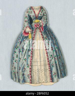 Costume de poupée en papier en bleu avec motif fleuri. Cette robe bleue est ornée d'un motif fleuri et est doublée de rose. Sur le devant, la couche bleue se divise pour révéler la dentelle sous le bas. Le dos et le devant de cette robe sont représentés. Banque D'Images