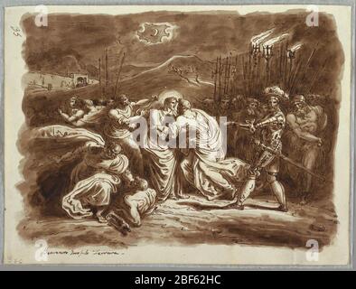 La trahison du Christ. Dans le paysage nocturne avec la lune créciée, Judas donne le baiser de trahison au Christ au centre. Commandant militaire et soldats à droite, hommes luttant à gauche. Banque D'Images