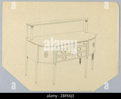 Conception pour panneau latéral avec étagère supérieure. Plateau latéral avec six pieds à bande droite ; coins avant arrondis avec décoration en médaillon de patera au centre de chaque plateau ; partie centrale avant plate : quatre tiroirs en trois rangées ; dos allongé vers le haut et deux colonnes courtes soutiennent l'étagère supérieure. Banque D'Images