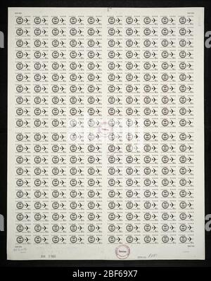 Étanchéité de la zone Canal 80 c et étanchéité de la plaque Jet plane. Les épreuves certifiées de plaque sont la dernière preuve imprimée de la plaque avant d'imprimer les timbres au Bureau de l'gravure et de l'impression. Ces épreuves de plaque sont uniques, avec les signatures et la date d'approbation. Banque D'Images