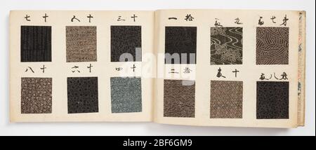 Exemple de livre. Des échantillons de textile ont monté six à une page sur quinze feuilles doubles non coupées qui sont liées avec un dos et un avant de feuille de migration et une couverture en carton gaufrée, avec fil de soie. Les dessins sont en grande partie pochoir, sur des terrains subduits et étiquetés en japonais. Banque D'Images