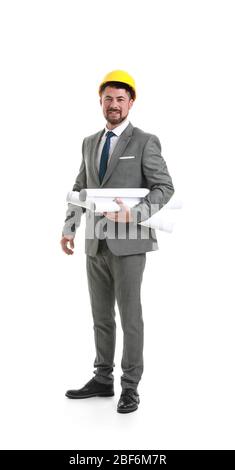 Ingénieur masculin avec des dessins sur fond blanc Banque D'Images