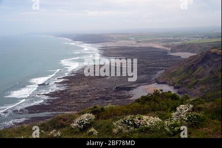 La grande plage de sable à Widemouth Bay depuis le sentier de la falaise sur la South West Coast Path, North Cornwall, Angleterre, Royaume-Uni. Banque D'Images