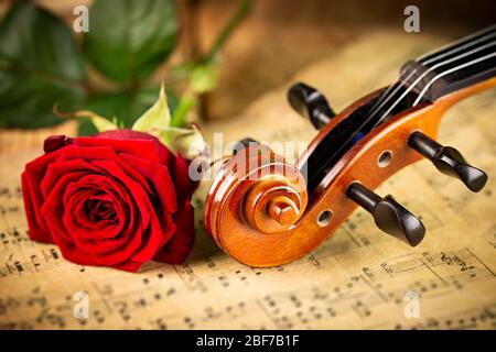 musique classique rétro pour violon chaîne instrutt sur la vieille musique note papier avec fleur de rose rouge sur fond de bois de chêne ancien. musique classique rom Banque D'Images