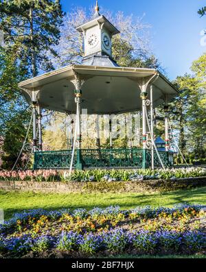 Un kiosque à musique victorien et une literie de printemps dans un parc public au Royaume-Uni. Banque D'Images