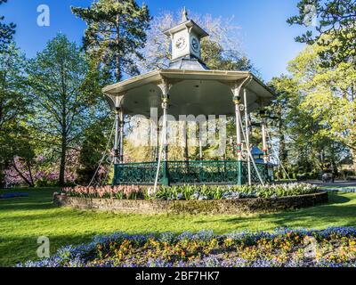 Un kiosque à musique victorien et une literie de printemps dans un parc public au Royaume-Uni. Banque D'Images